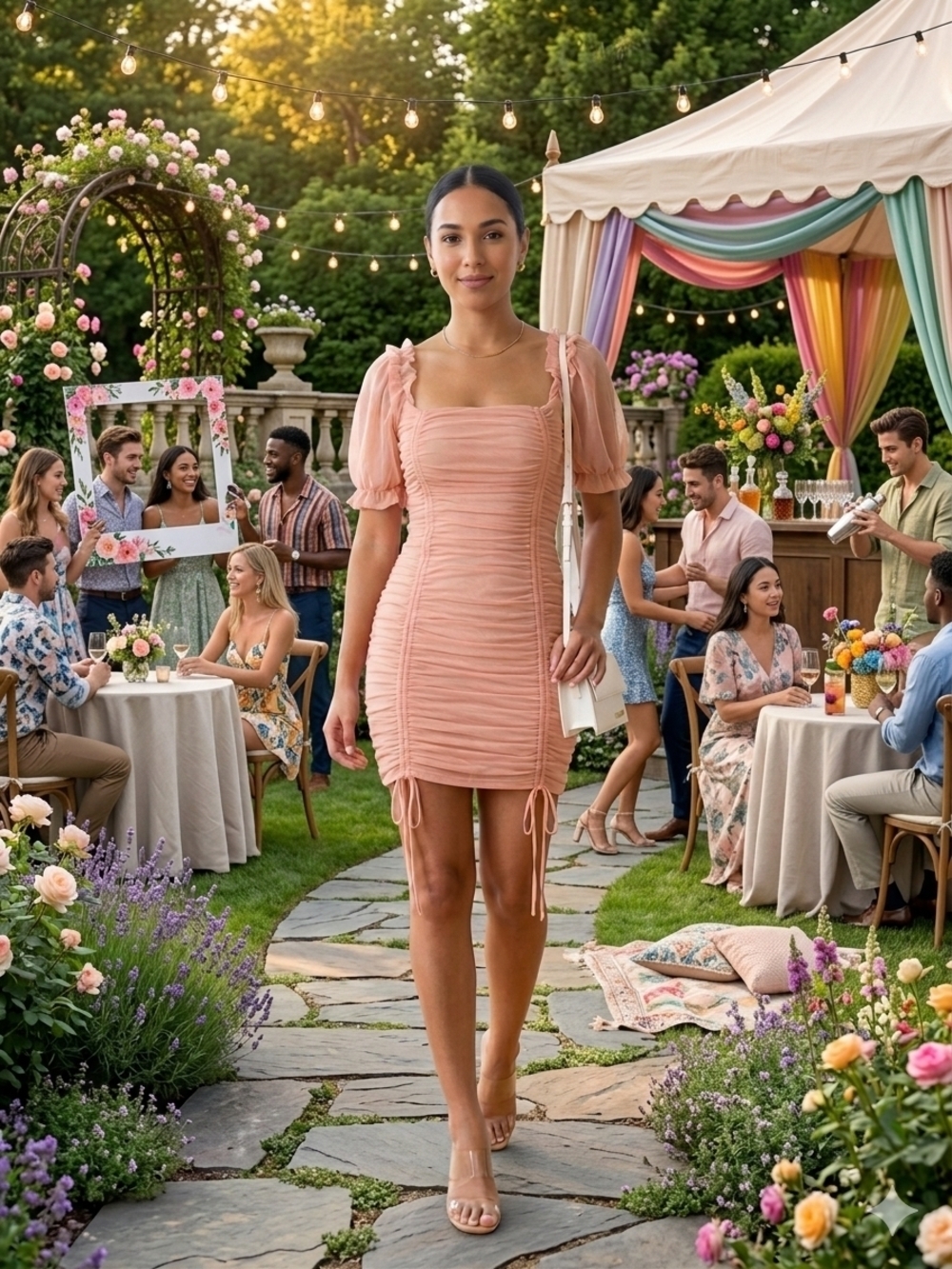 Privy Peach Mesh Ruched Mesh Puff Sleeve Mini Dress Spring Wedding Guest Event S